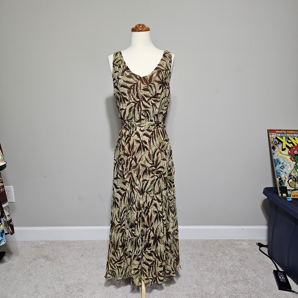 Vintage Jones New York 100% Silk Tropical Leaf Maxi Dress Size 14